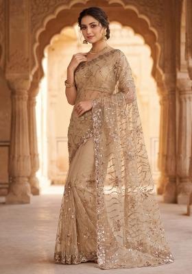 Rust Embroidered Net Saree Set