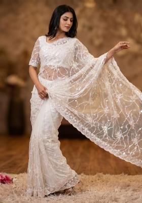 White Embroidered Net Saree Set