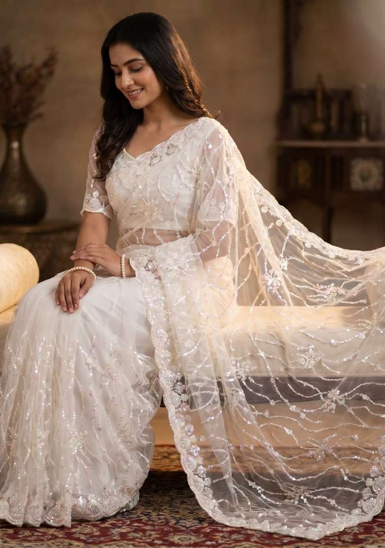 White Embroidered Net Saree Set - Indya