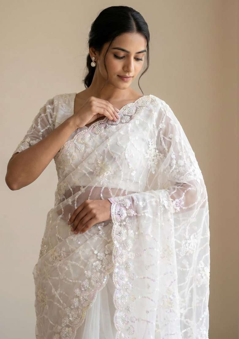 White Embroidered Net Saree Set - Indya