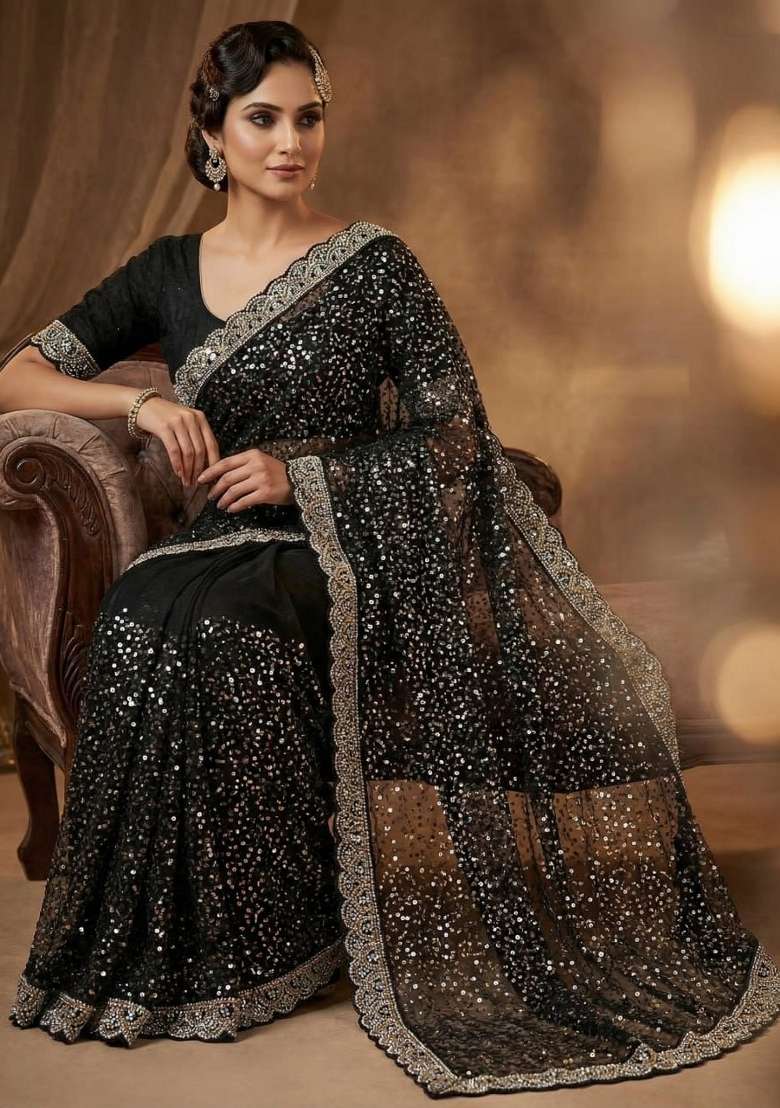 Black Embroidered Net Saree Set - Indya