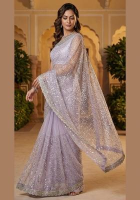 Lavender Embroidered Net Saree Set