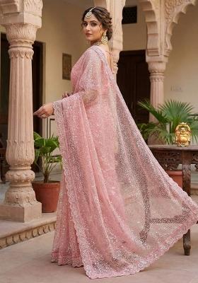 Pink Embroidered Net Saree Set