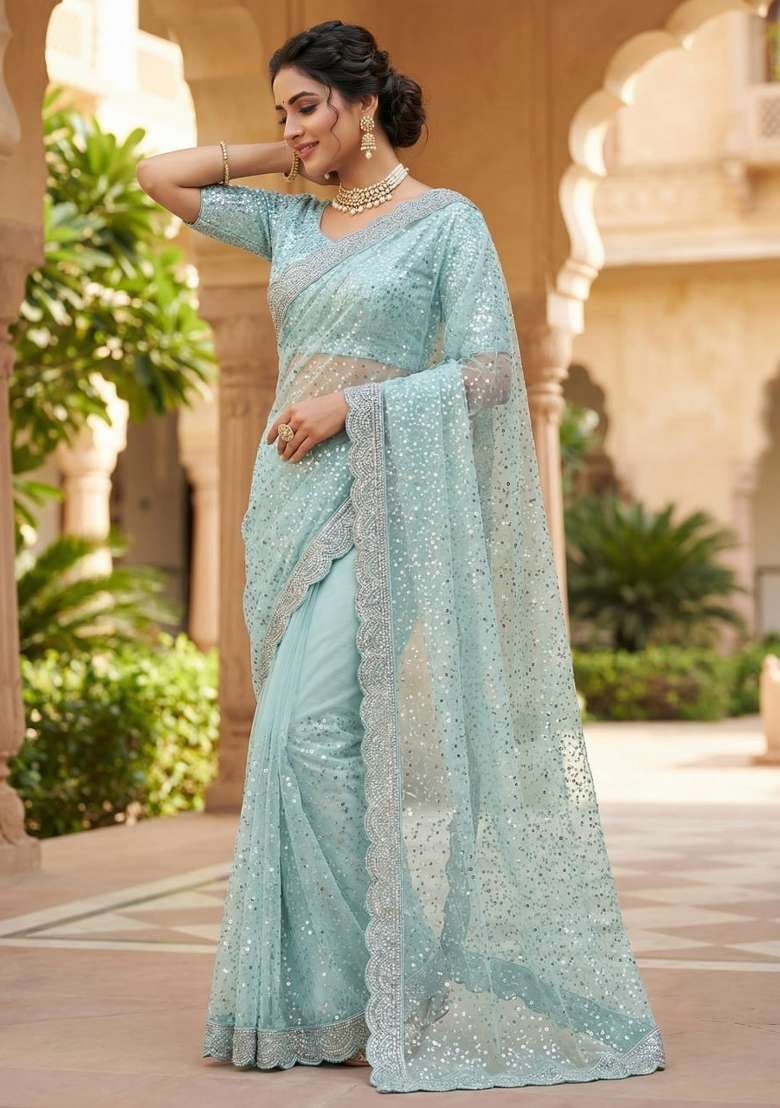 Pista Embroidered Net Saree Set - Indya