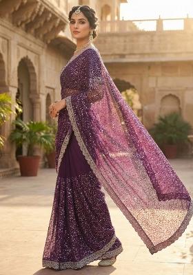 Purple Embroidered Net Saree Set