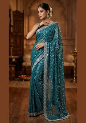 Rama Embroidered Net Saree Set