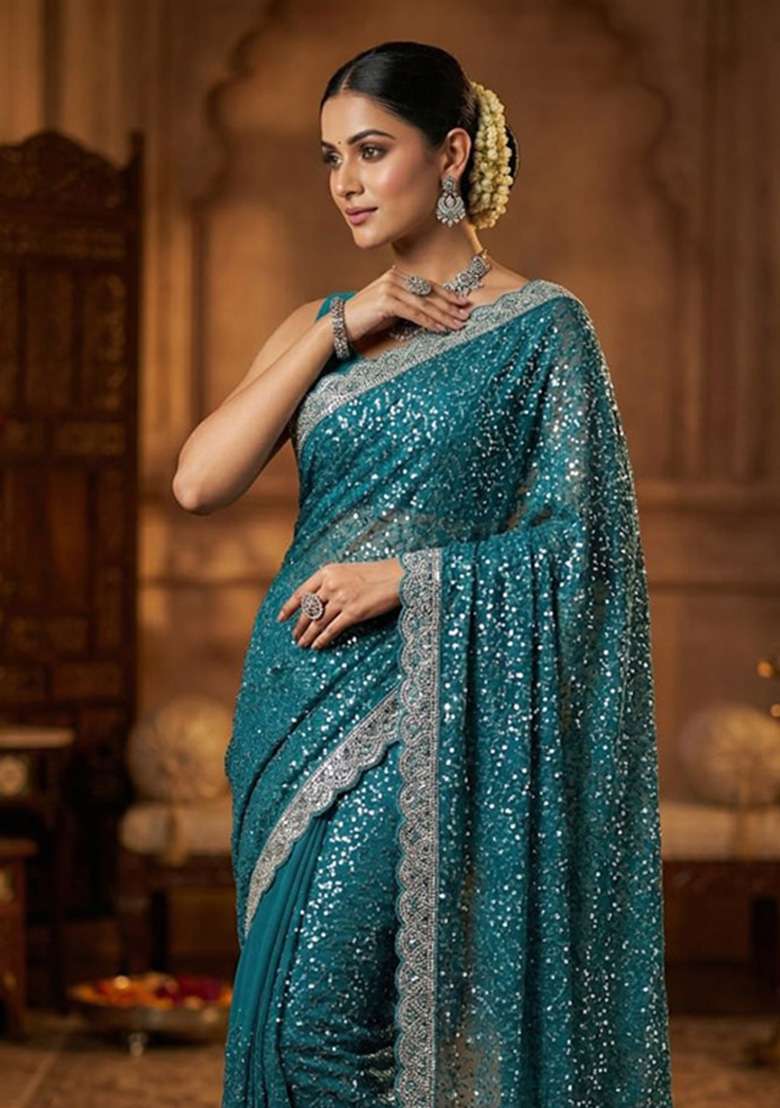 Rama Embroidered Net Saree Set - Indya