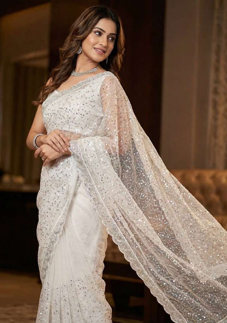 White Embroidered Net Saree Set - Indya