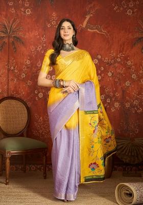 Lilac And Yellow Printed Silk Saree Set