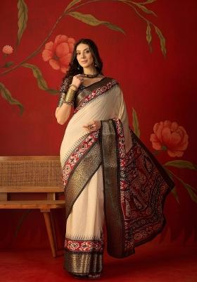 Cream Printed Silk Saree Set