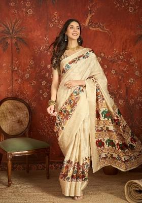 Cream Printed Silk Saree Set