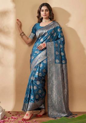 Teal Blue Zari Work Silk Saree Set