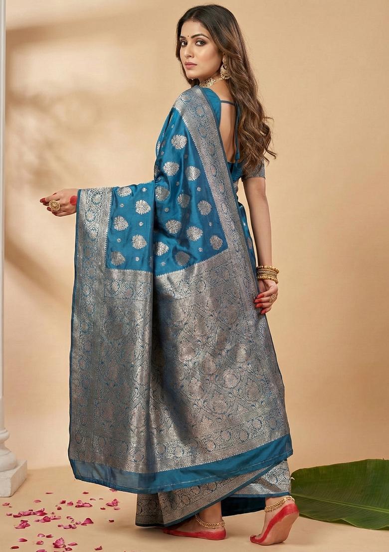 Teal Blue Zari Work Silk Saree Set - Indya