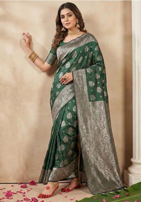 Dark Green Zari Work Silk Saree Set
