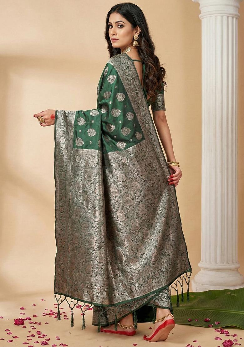 Dark Green Zari Work Silk Saree Set - Indya