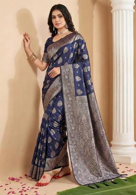 Navy Blue Zari Work Silk Saree Set