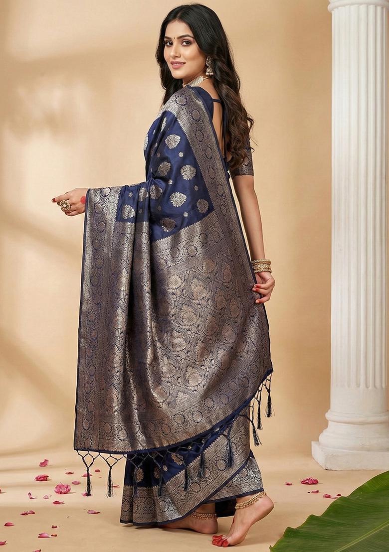 Navy Blue Zari Work Silk Saree Set - Indya