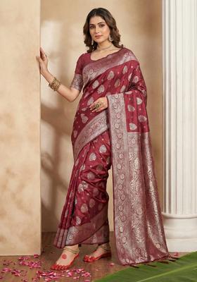 Maroon Zari Work Silk Saree Set