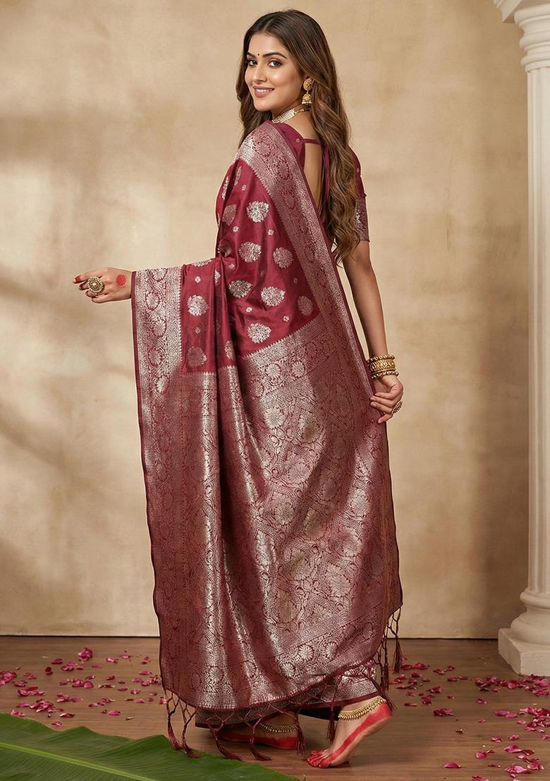 Maroon Zari Work Silk Saree Set - Indya
