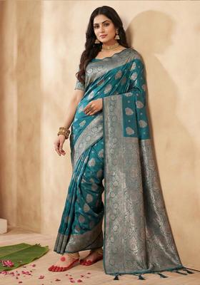 Sea Green Zari Work Silk Saree Set