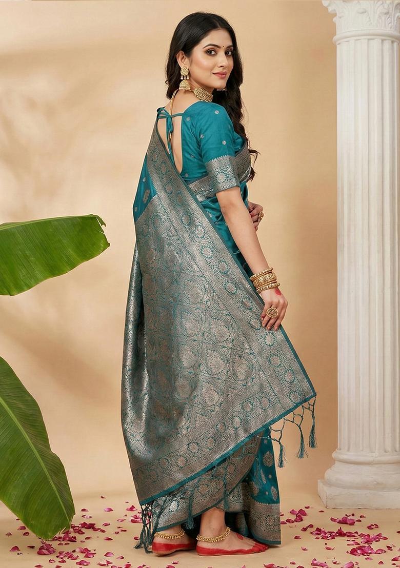 Sea Green Zari Work Silk Saree Set - Indya