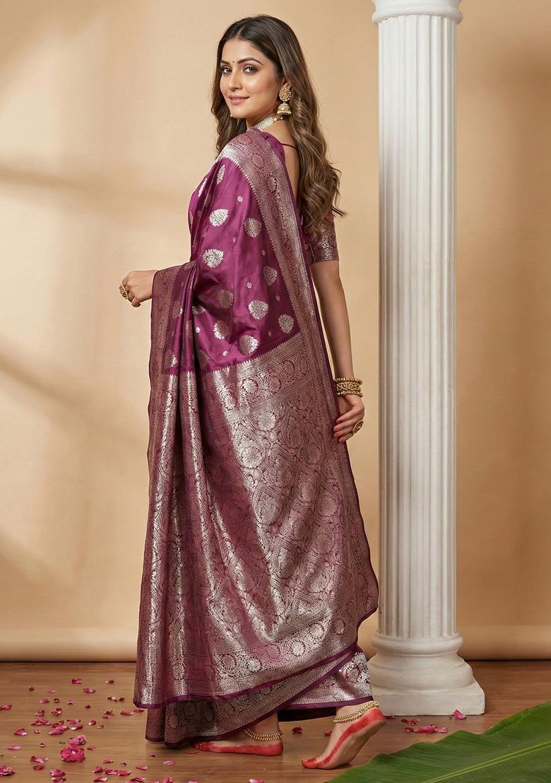 Purple Zari Work Silk Saree Set - Indya