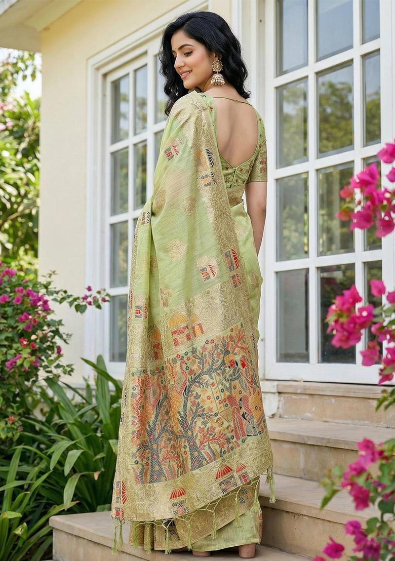 Green Zari Work Cotton Saree Set - Indya