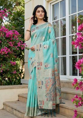 Sky Blue Zari Work Cotton Saree Set