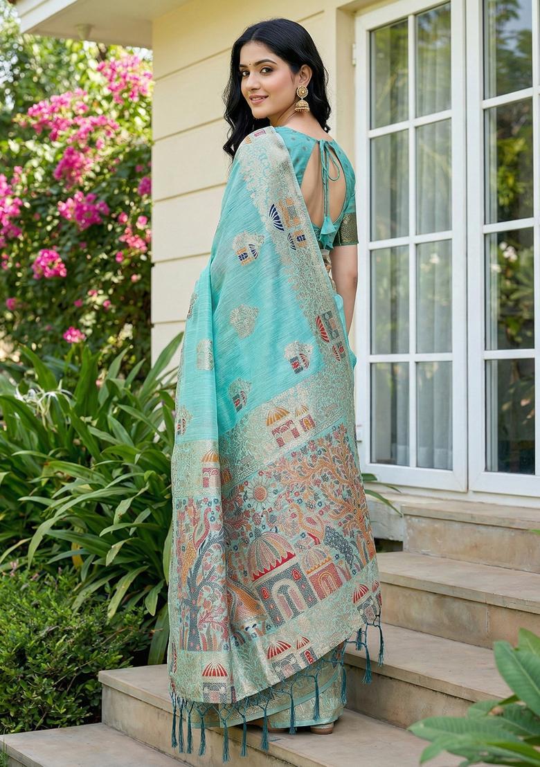 Sky Blue Zari Work Cotton Saree Set - Indya