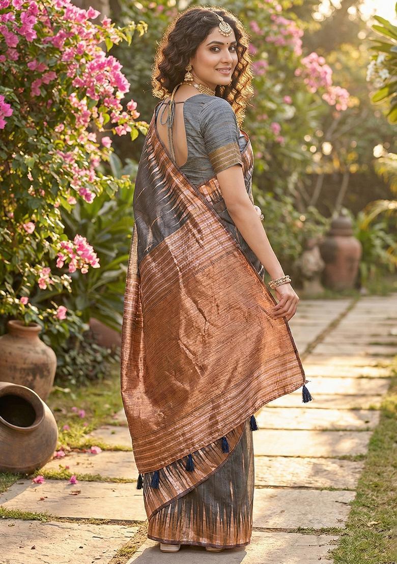 Grey Zari Work Cotton Saree Set - Indya