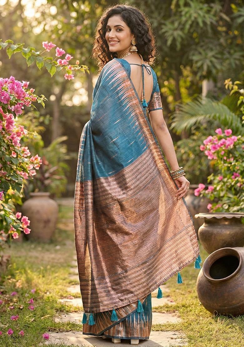 Blue Zari Work Cotton Saree Set - Indya