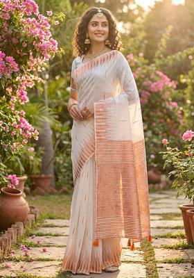White Zari Work Cotton Saree Set