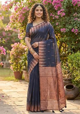 Navy Blue Zari Work Cotton Saree Set
