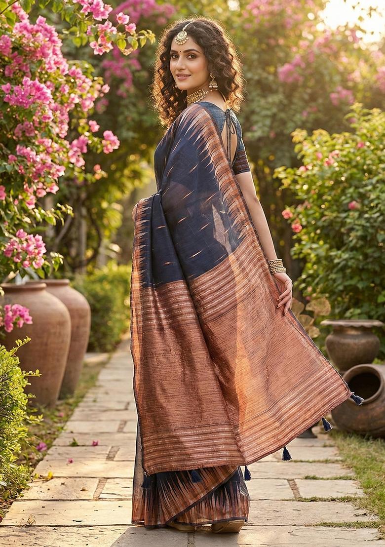 Navy Blue Zari Work Cotton Saree Set - Indya
