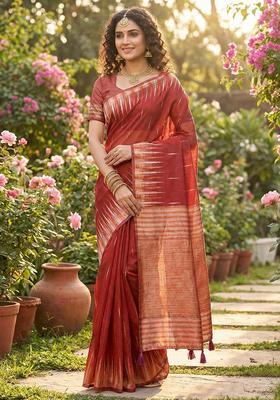 Maroon Zari Work Cotton Saree Set