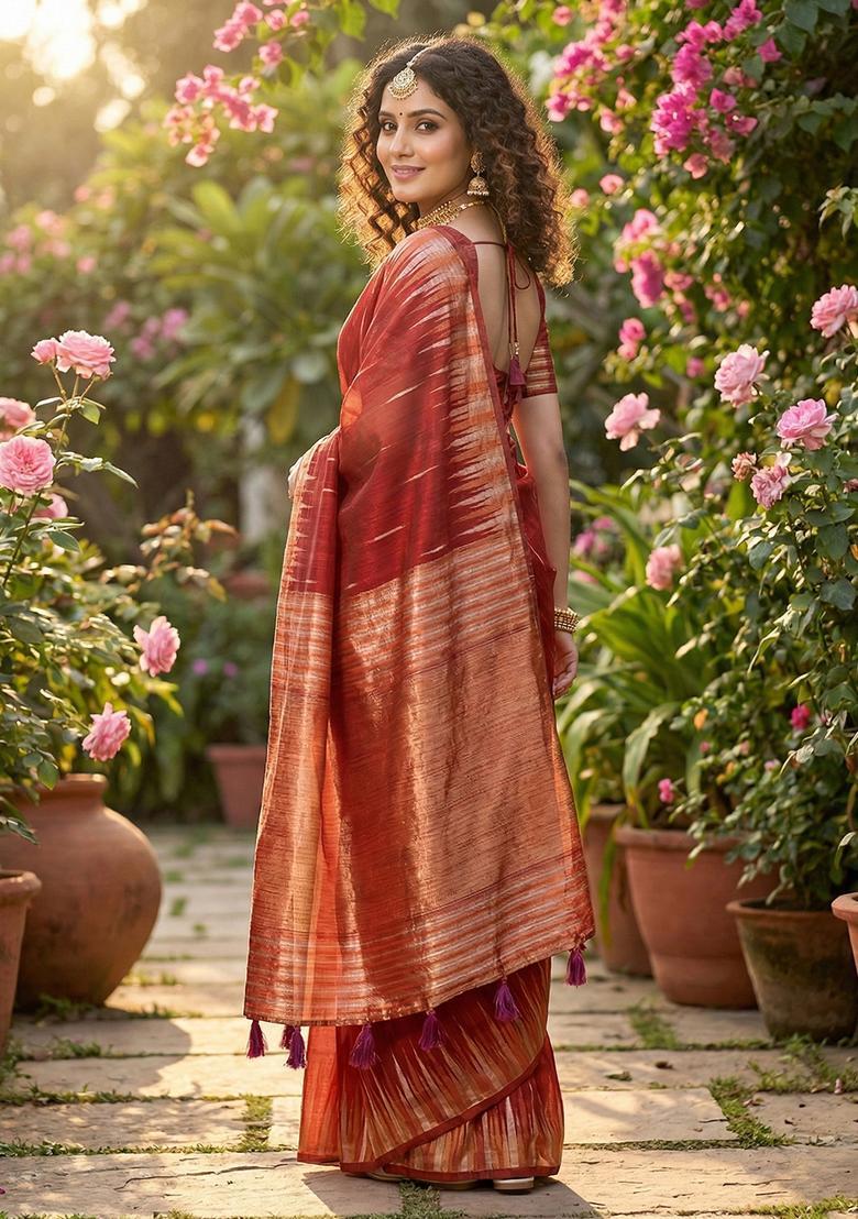 Maroon Zari Work Cotton Saree Set - Indya