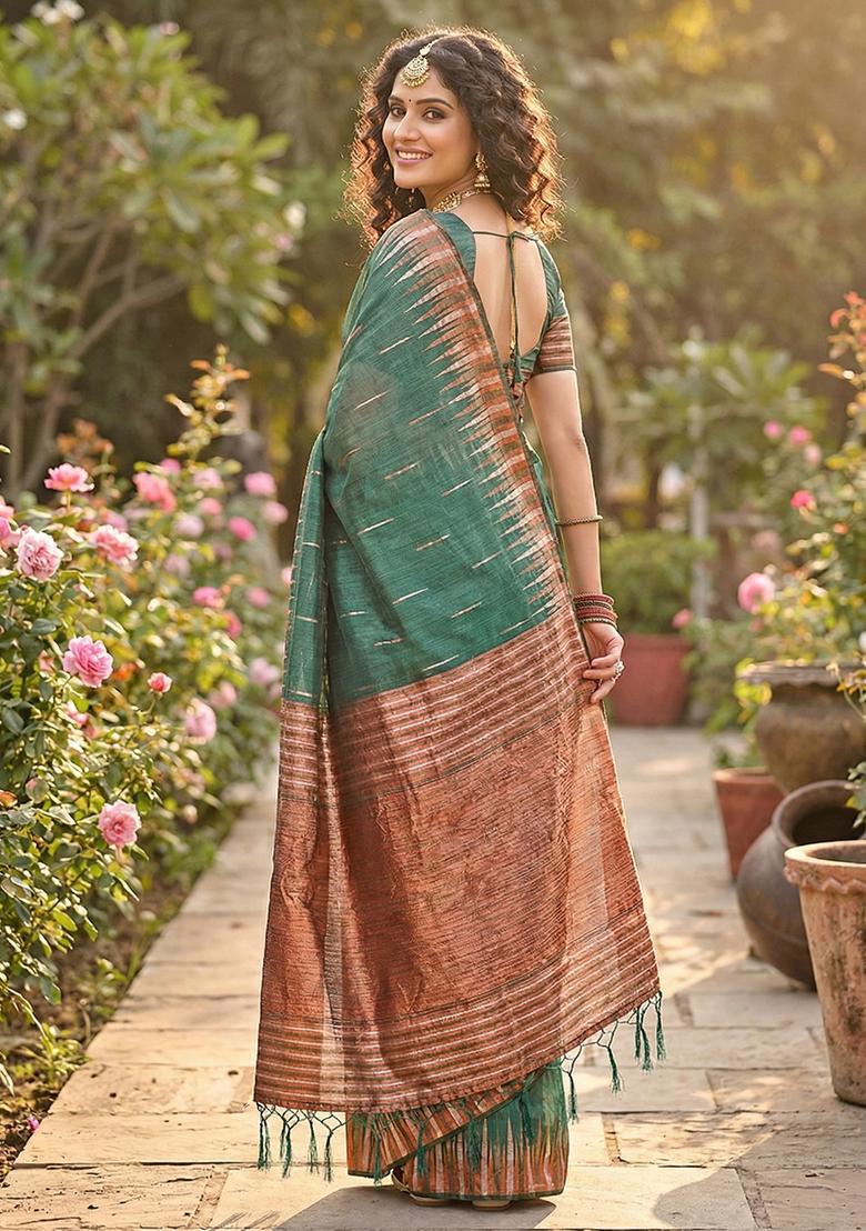 Green Zari Work Cotton Saree Set - Indya