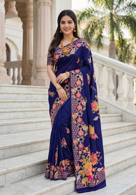 Blue Floral Print Silk Saree Set