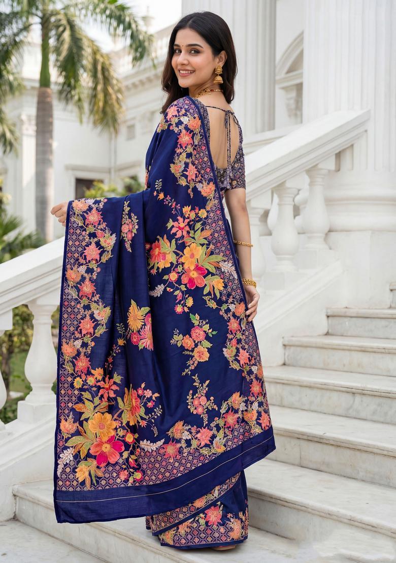 Blue Floral Print Silk Saree Set - Indya