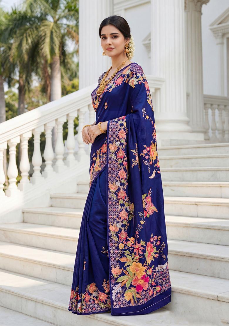 Blue Floral Print Silk Saree Set - Indya