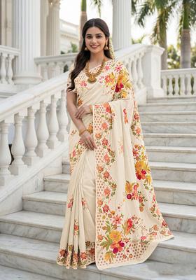 Cream Floral Print Silk Saree Set