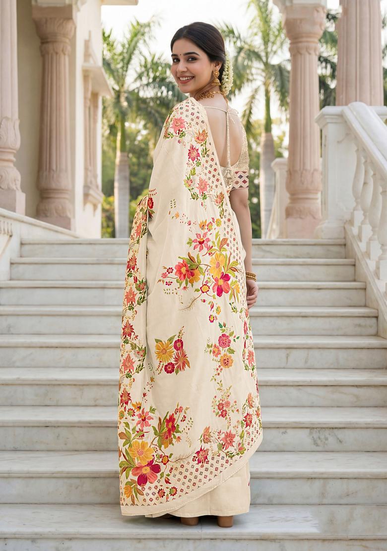 Cream Floral Print Silk Saree Set - Indya