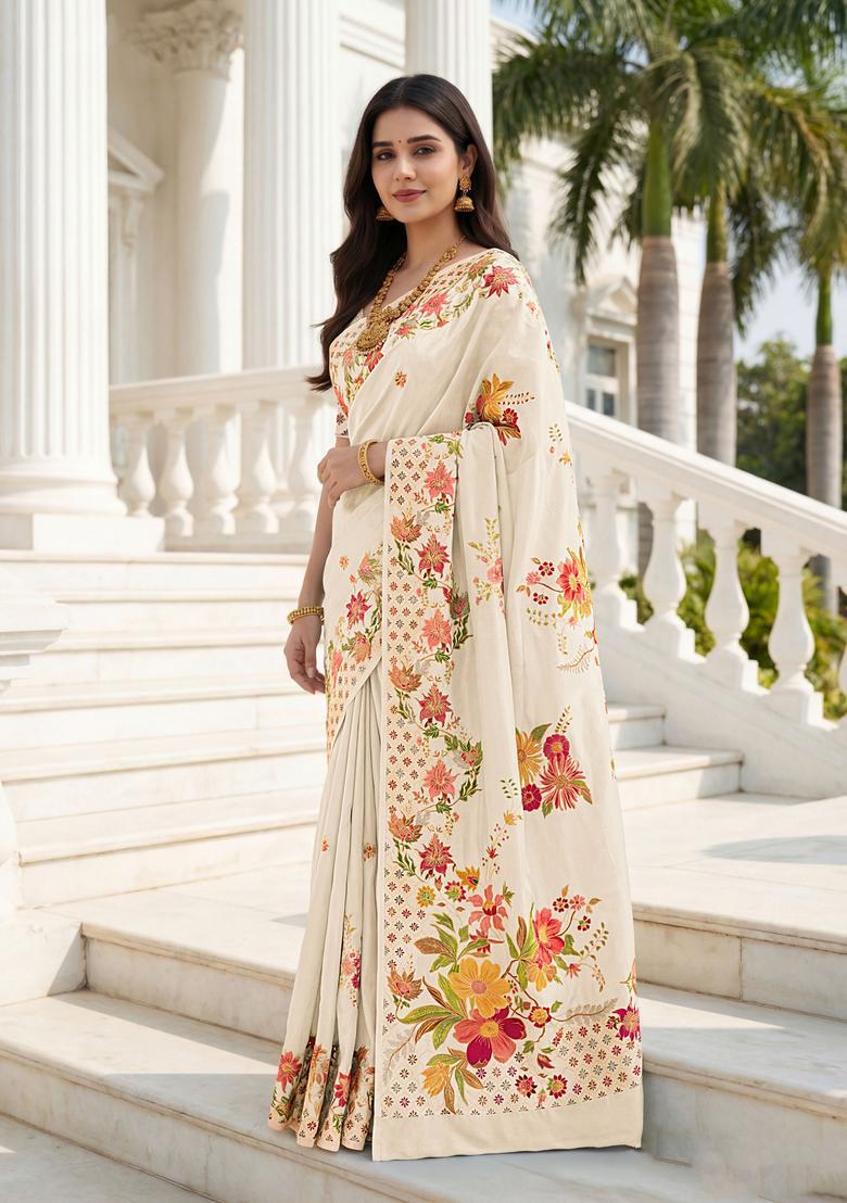 Cream Floral Print Silk Saree Set - Indya
