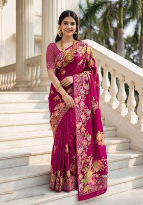 Pink Floral Print Silk Saree Set