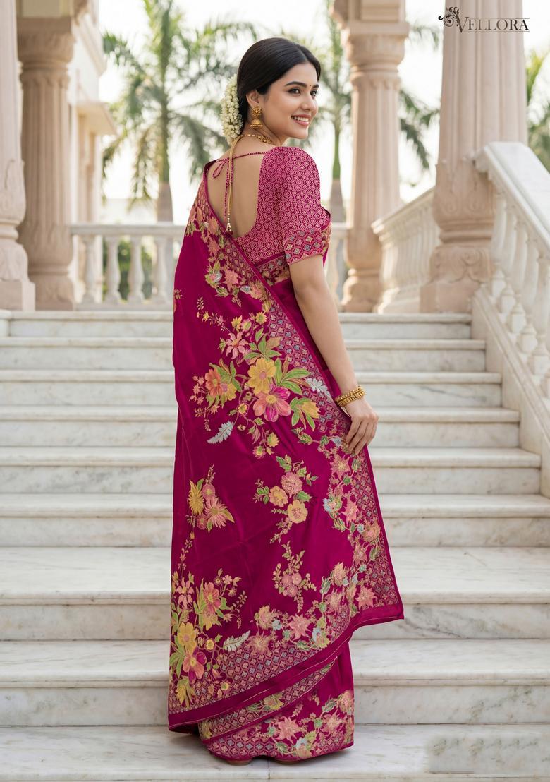 Pink Floral Print Silk Saree Set - Indya