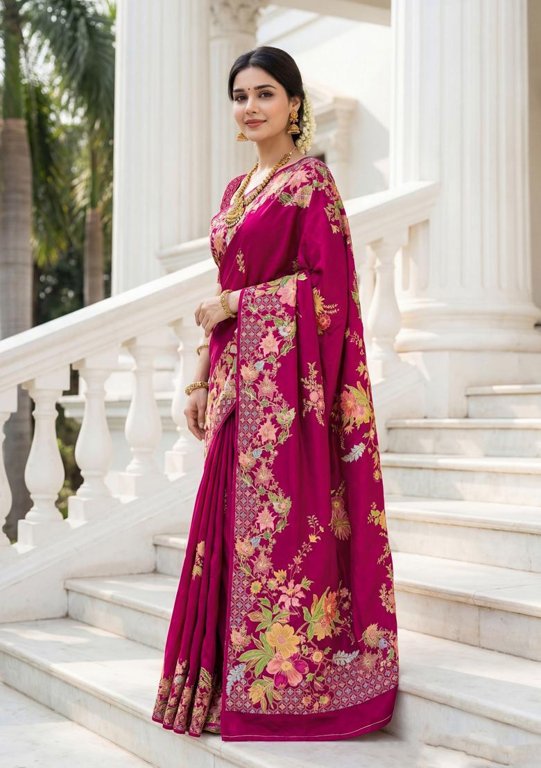 Pink Floral Print Silk Saree Set - Indya