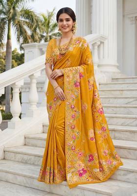 Mustard Floral Print Silk Saree Set
