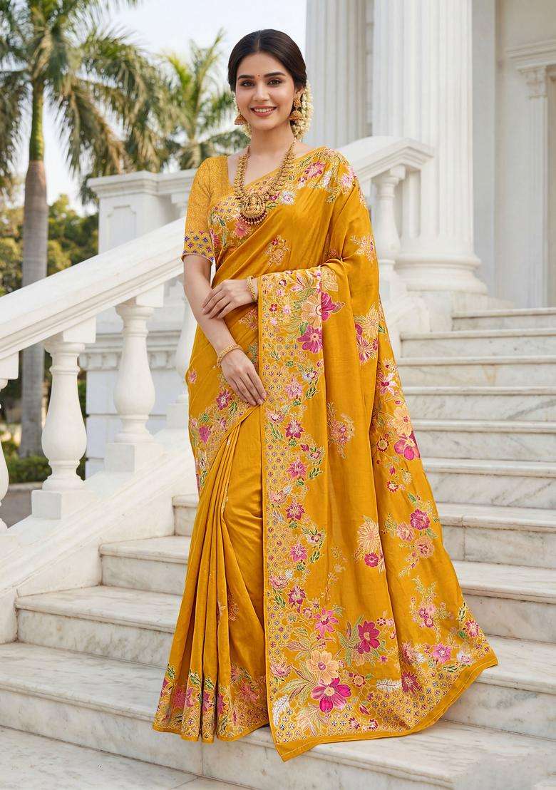 Mustard Floral Print Silk Saree Set - Indya