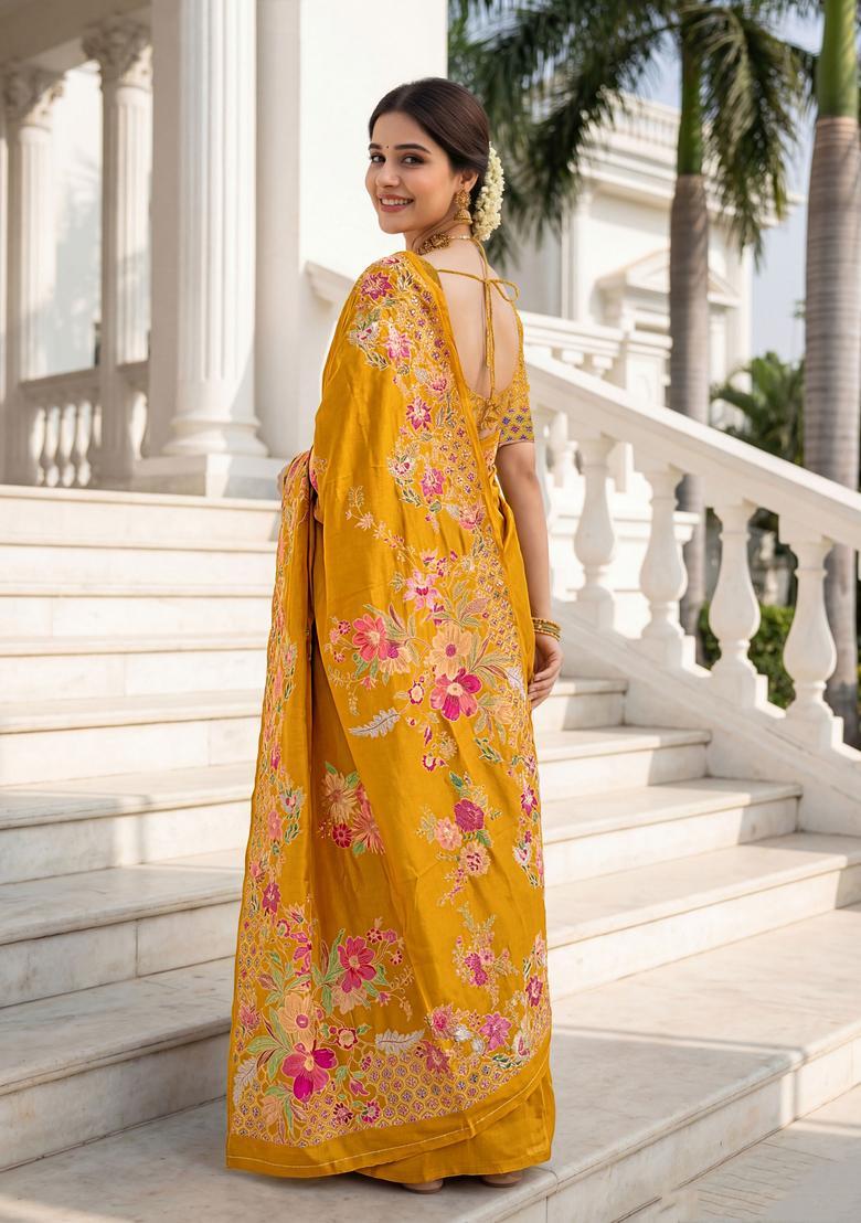 Mustard Floral Print Silk Saree Set - Indya