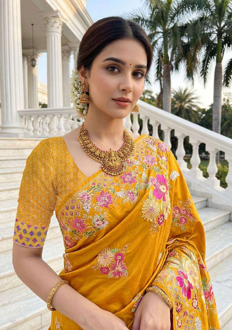 Mustard Floral Print Silk Saree Set - Indya